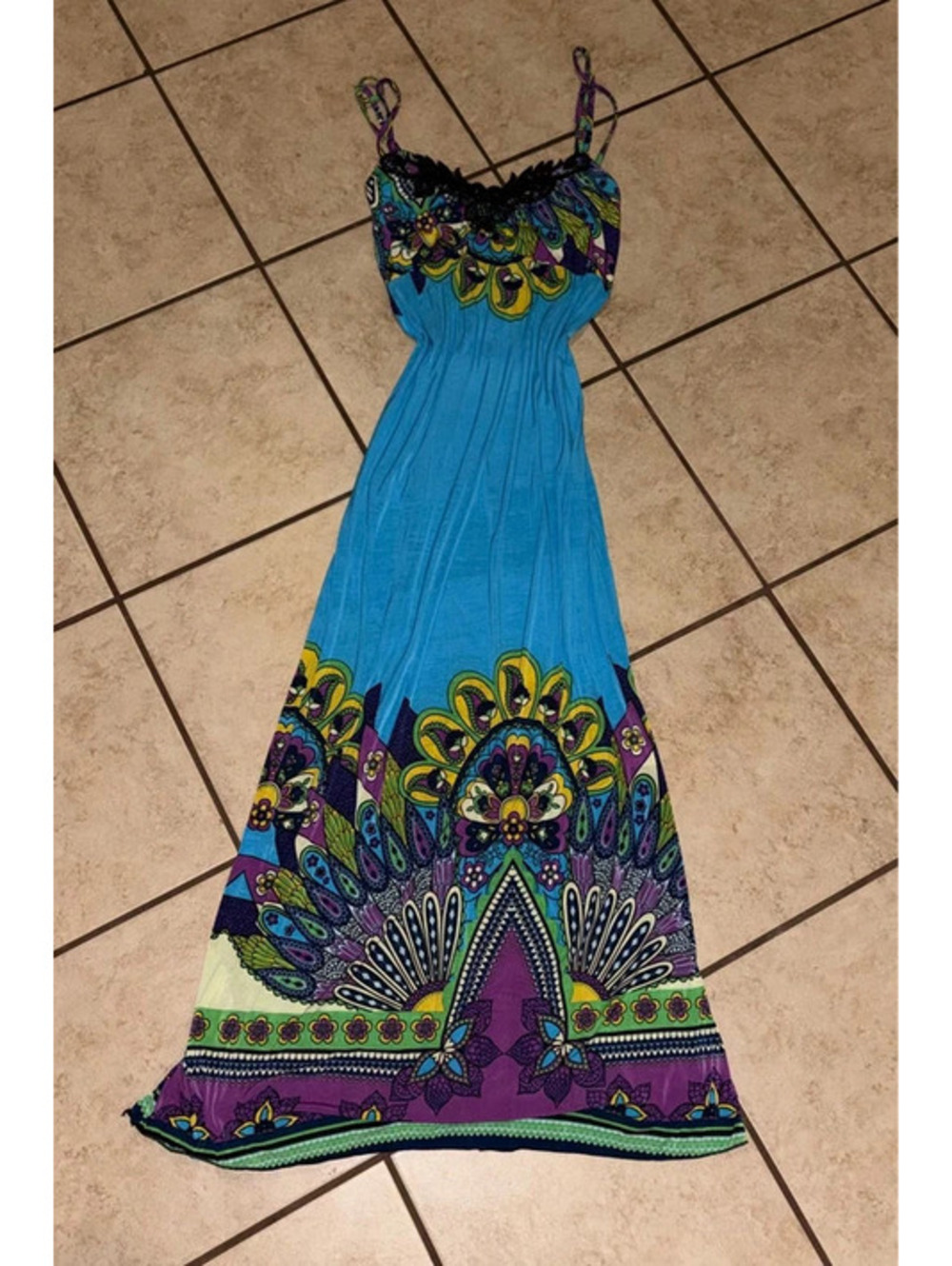 Whimsical Blue Multicolored Y2K Babydoll long dress with black lace details!